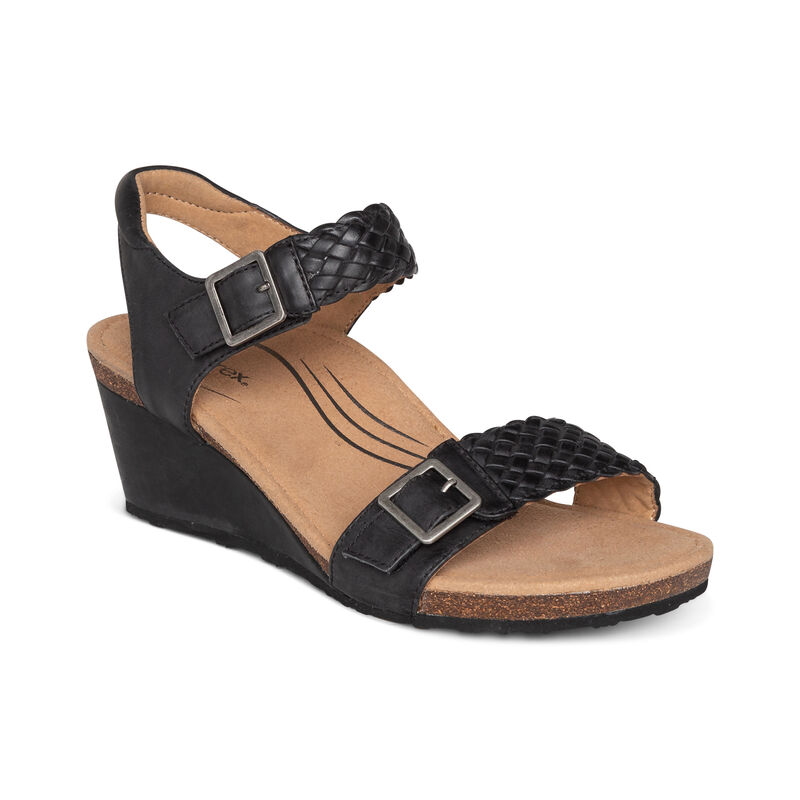 Aetrex Womens Grace Adjustable Woven Wedges Black - TMRL4Uxr1